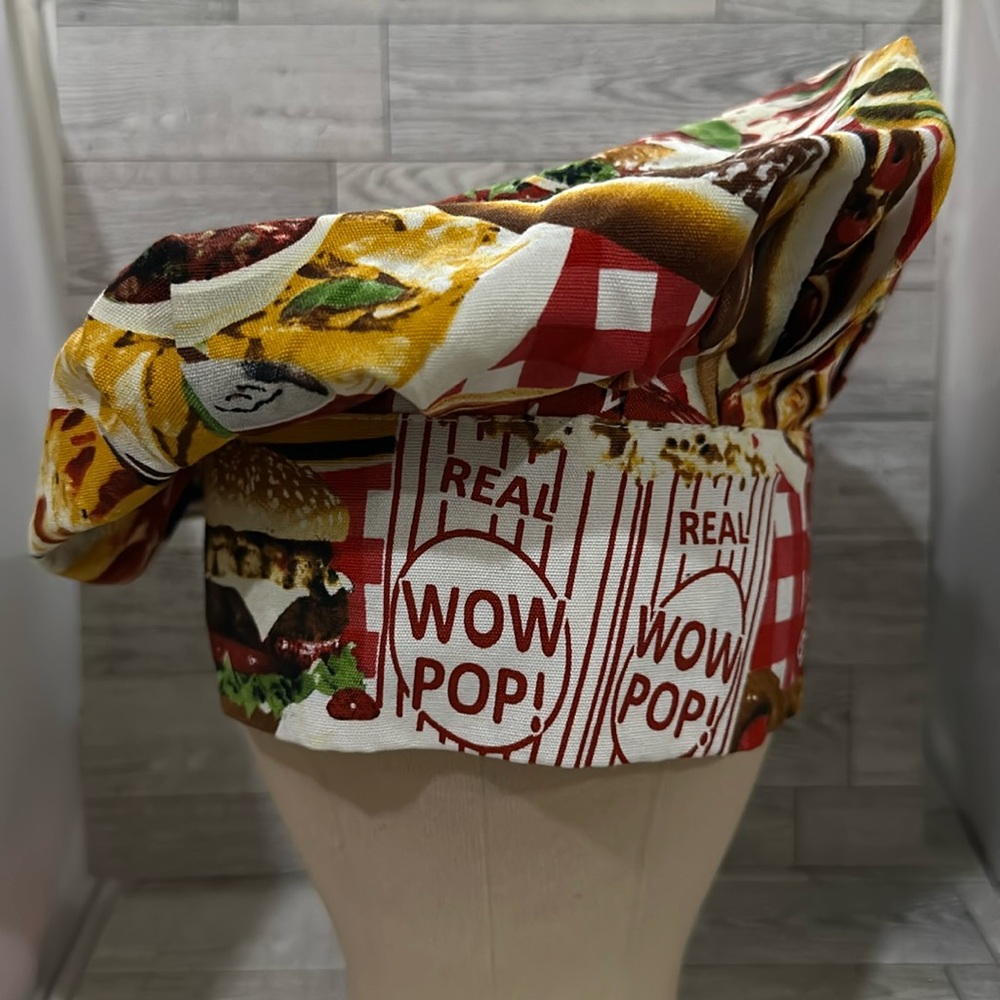 Chefs hat with novelty print hamburger hotdog pop corn barbecue pizza new